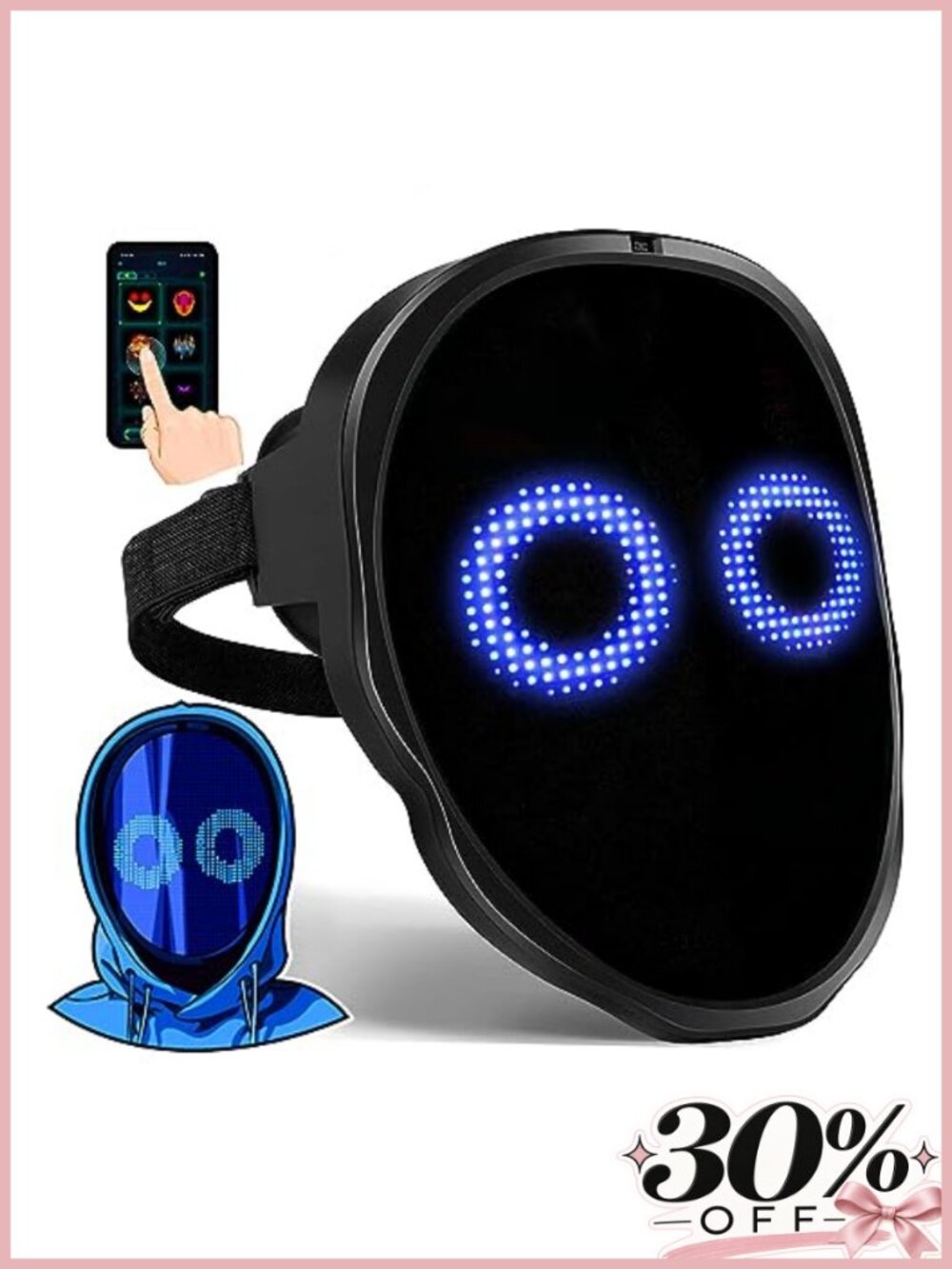LED Face Transforming Mask Gesture Sensing Customizable USB-C Rechargeable